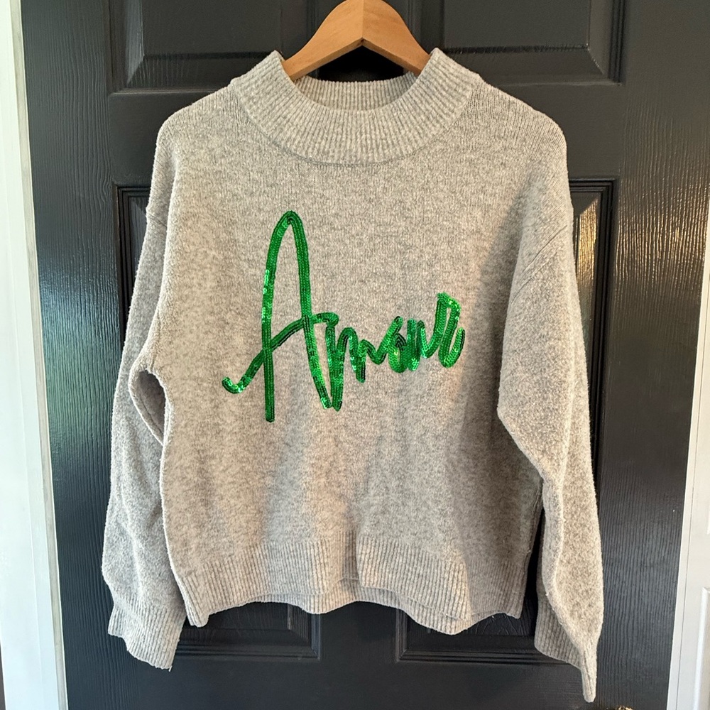 a new day Women’s Gray Sweater with Green Script Size Large